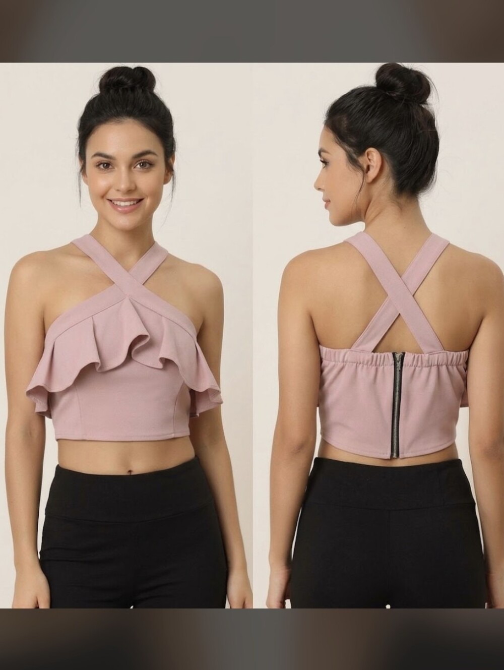 Dusty Pink Ruffle Cross-Strap Crop TopElevate your look with this super cute d